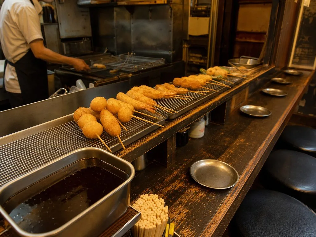 A six-seat kushikatsu counter in Shinsekai under Tsutenkaku